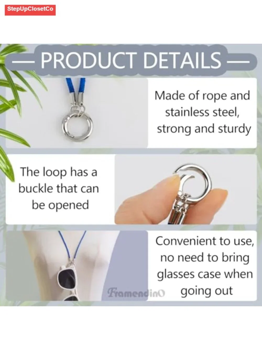 3 Pack Eyeglass Holder Necklace Glasses Strap Chain Stainless Steel Loop